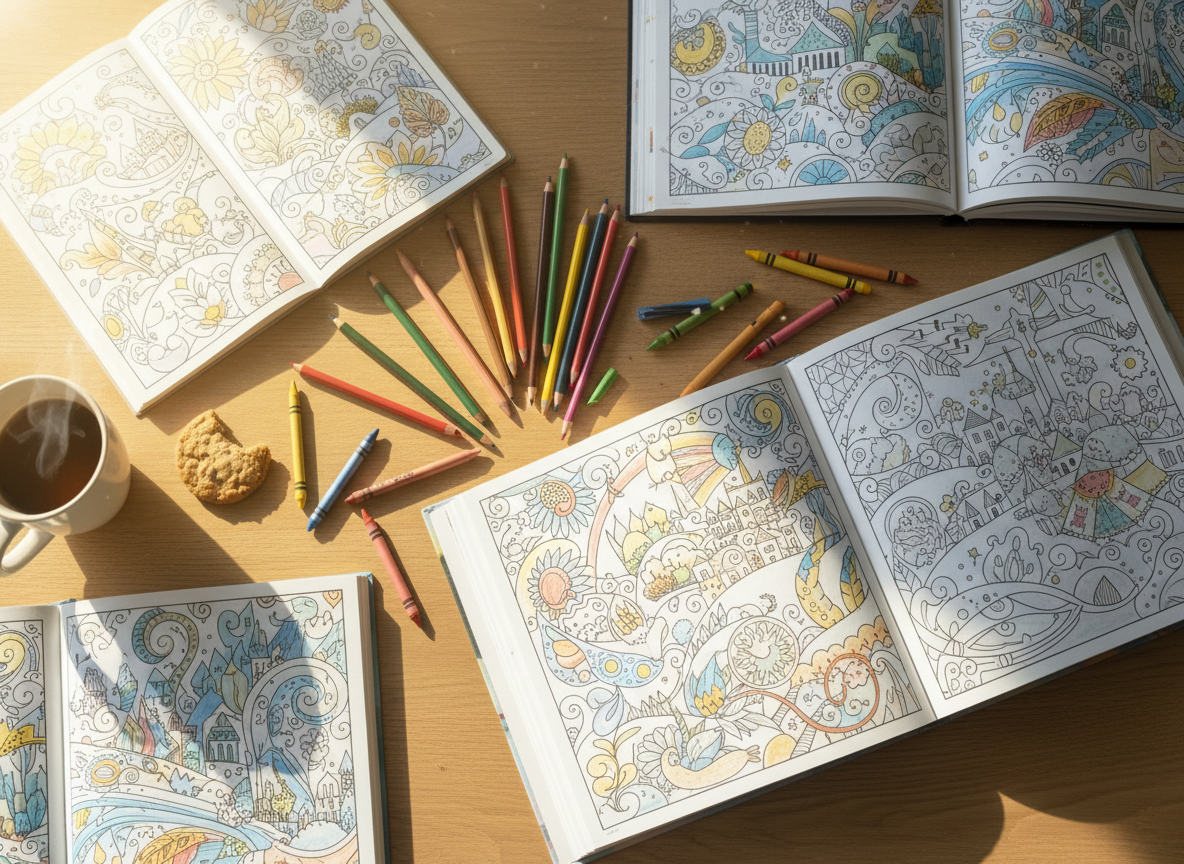 Coloring books spread out on a wooden table, open pages showing intricate illustrations, colored pencils and crayons scattered around, warm natural lighting, flat-lay style, inviting and cozy atmosphere